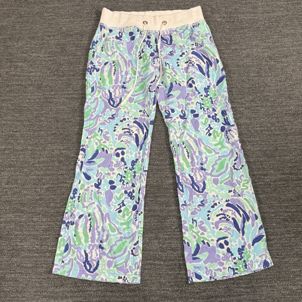 Lilly Pulitzer The Beach Pants Large Linen Nice Ink Beach Resort Wide Leg FLAW